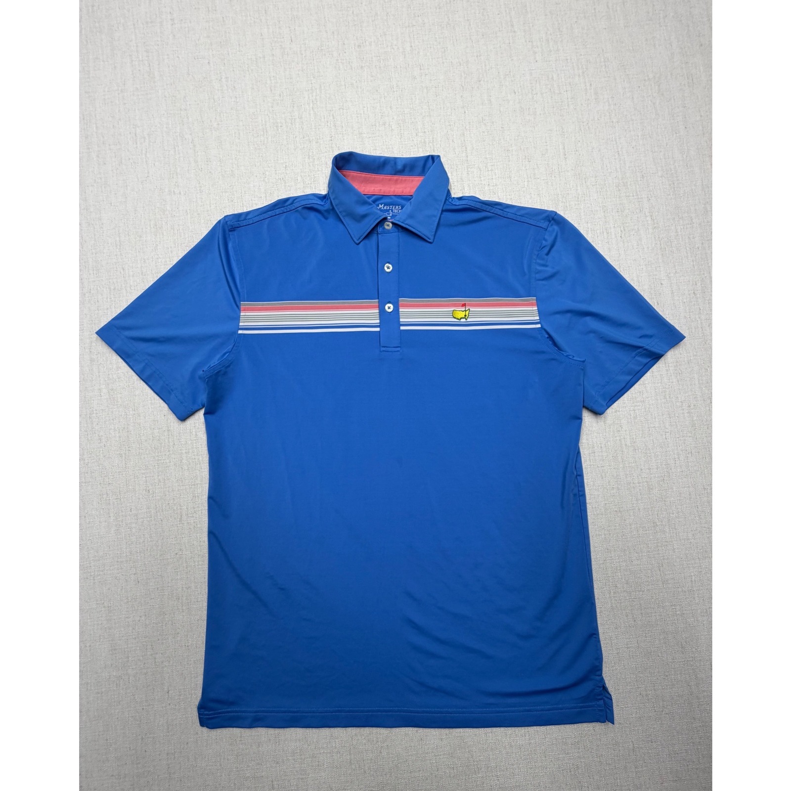 Masters Tech Mens M Blue Striped Performance Golf Polo Shirt Tournament Logo